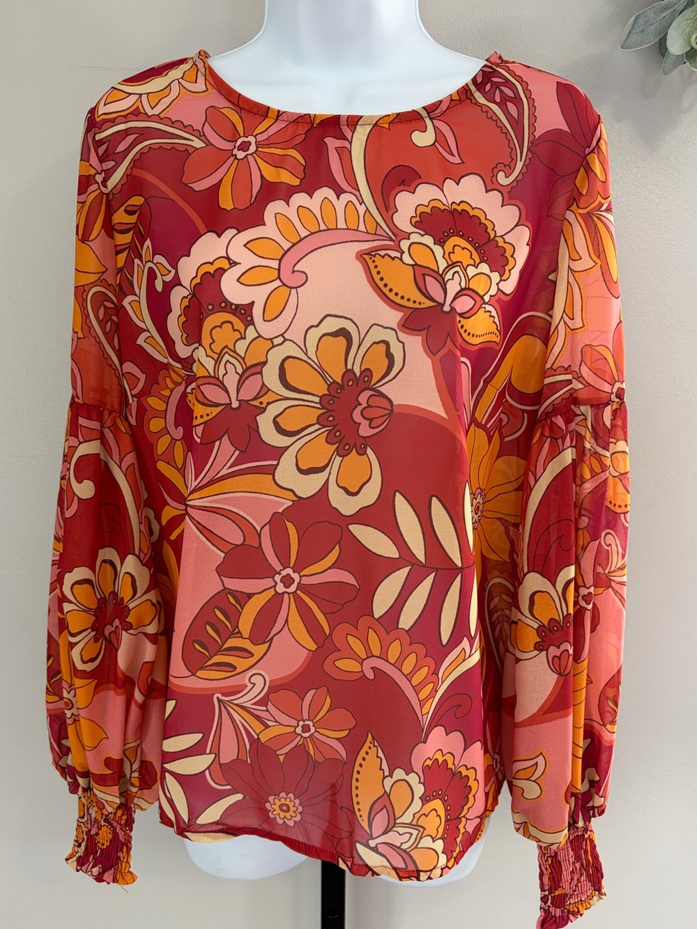 NWOT Aratta Silent Journey Floral Long-Sleeve Blouse in Red, Pink & Orange
